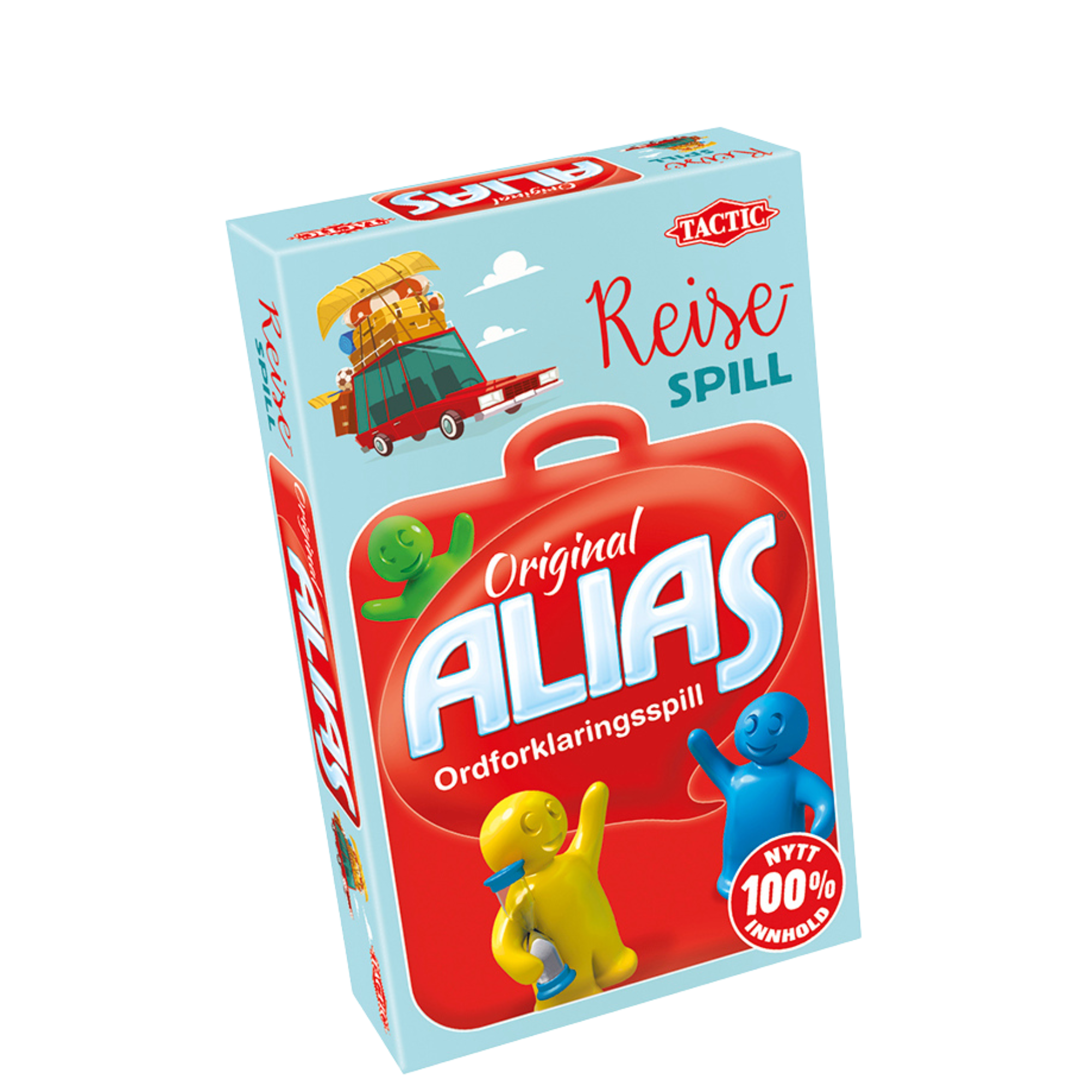 Alias reisespill turkis eske med motiv av rød koffert og gul og blå figur som holder timeglass.